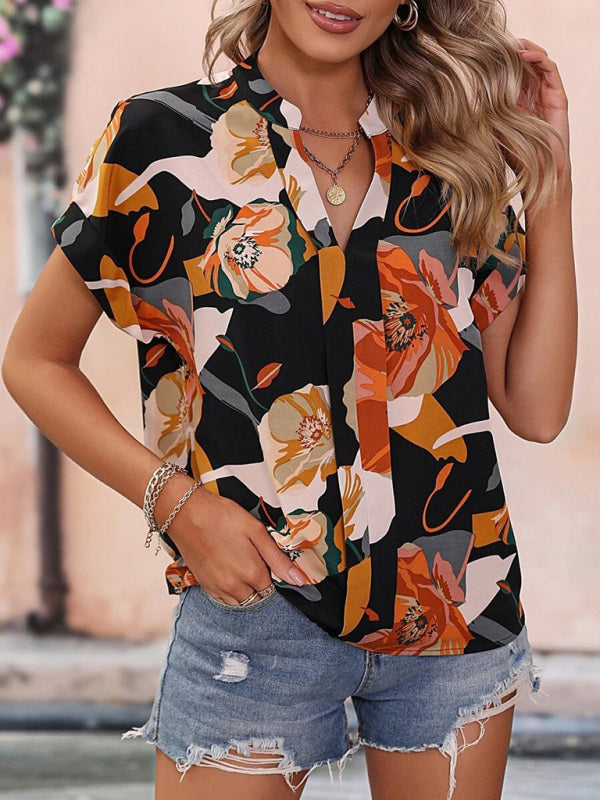 Women's Fashion Painted Printing V-neck Short Sleeve Top kakaclo