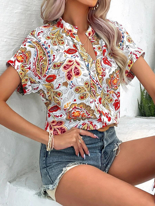 Women's Fashion Painted Printing V-neck Short Sleeve Top kakaclo