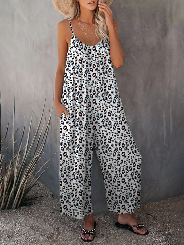 Women's Sleeveless Leopard Print Pocket Loose Suspender Jumpsuit BLUE ZONE PLANET