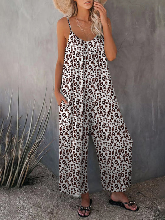 Women's Sleeveless Leopard Print Pocket Loose Suspender Jumpsuit BLUE ZONE PLANET