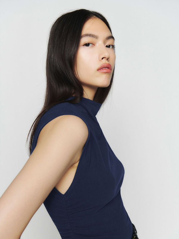 Blue Zone Planet |  Half-high collar all-match vest short shirred polyester-cotton shirt BLUE ZONE PLANET