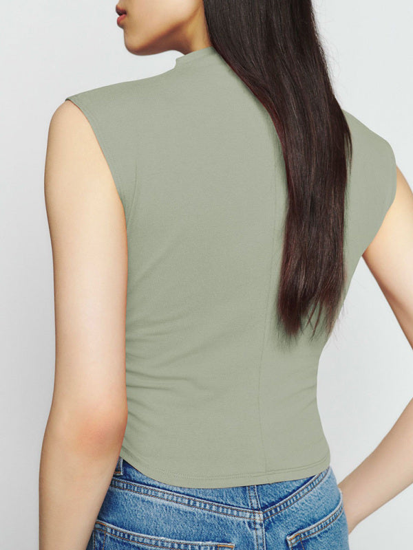 Blue Zone Planet |  Half-high collar all-match vest short shirred polyester-cotton shirt BLUE ZONE PLANET