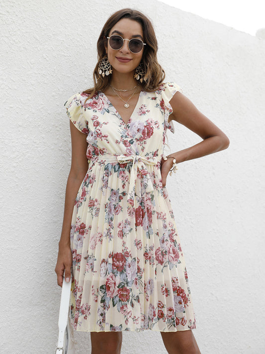 European station elegant V-neck waist tie floral print dress kakaclo