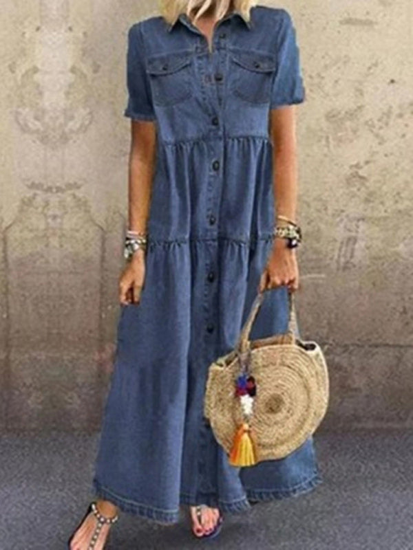 Blue Zone Planet |  European and American denim style long multi-button distressed dress kakaclo