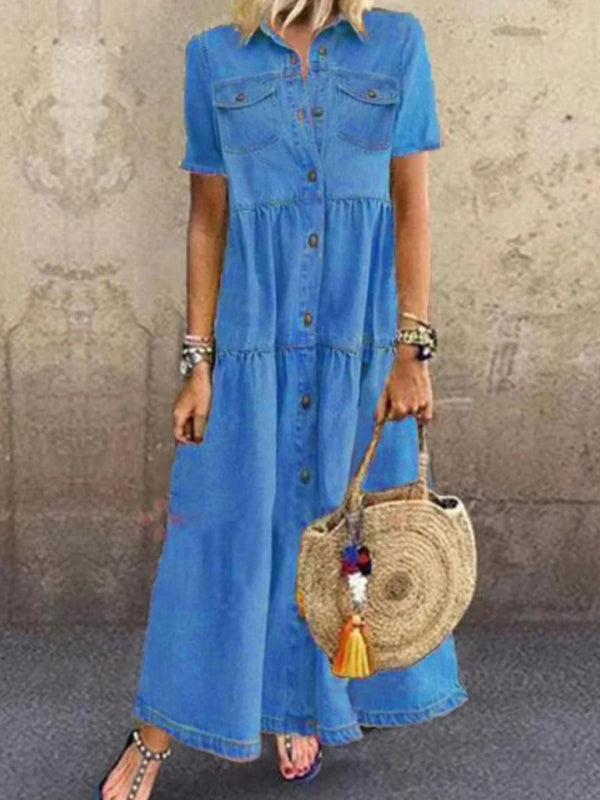 Blue Zone Planet |  European and American denim style long multi-button distressed dress kakaclo