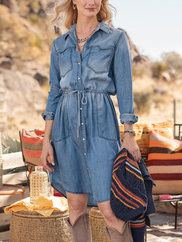 Dress Classic Cotton Denim Off-White Design Double Slip Pocket Lapel Dress kakaclo