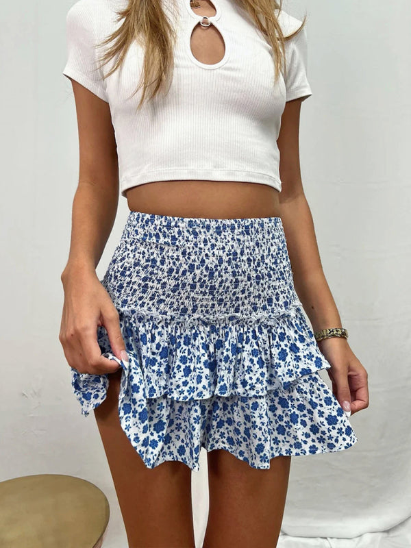 Pleated Skirt Ruffle Printed Skirt Fashion Floral Bohemian Mini Skirt BLUE ZONE PLANET