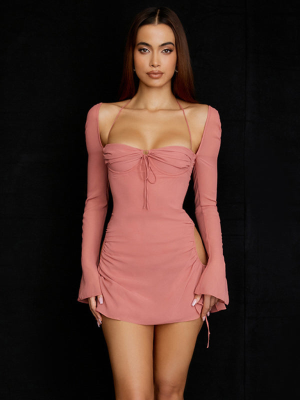 Short Skirt Wrapping Chest Style Temperament Commuting Pink Waist Dress BLUE ZONE PLANET