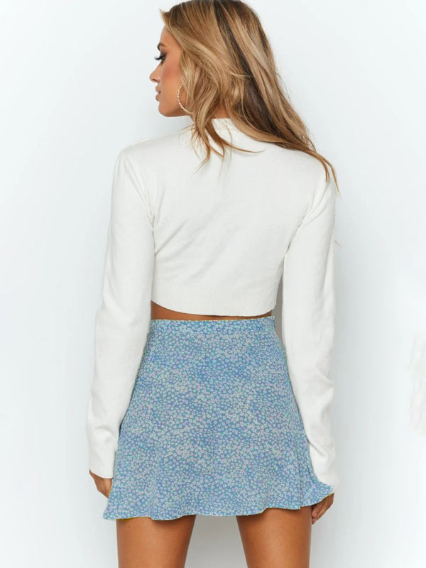 Floral skirt high waist umbrella skirt invisible zipper chiffon printed mini skirt BLUE ZONE PLANET