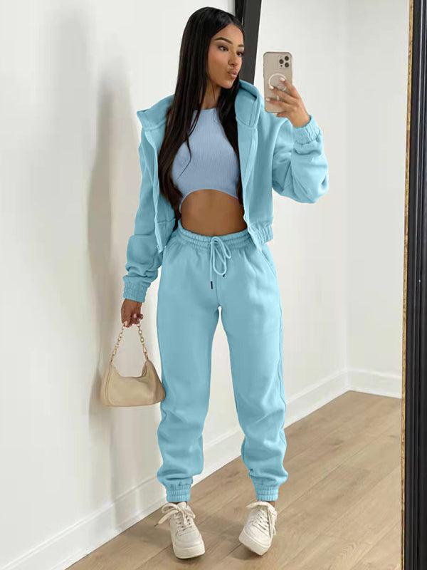 Blue Zone Planet |  Zoe's Knitted Sports Fleece Hooded Three-Piece Suit BLUE ZONE PLANET