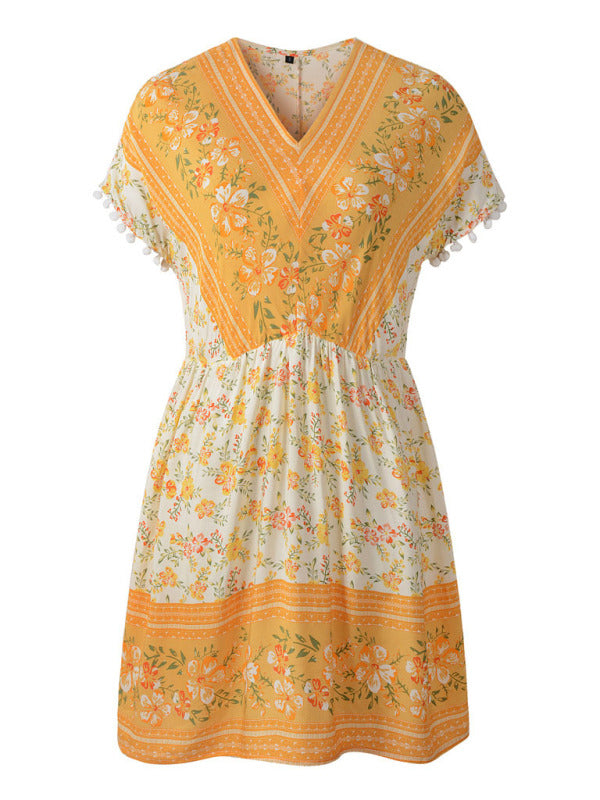 Blue Zone Planet | Lily's Bohemian Print Woven V-Neck Short Sleeve Dress BLUE ZONE PLANET