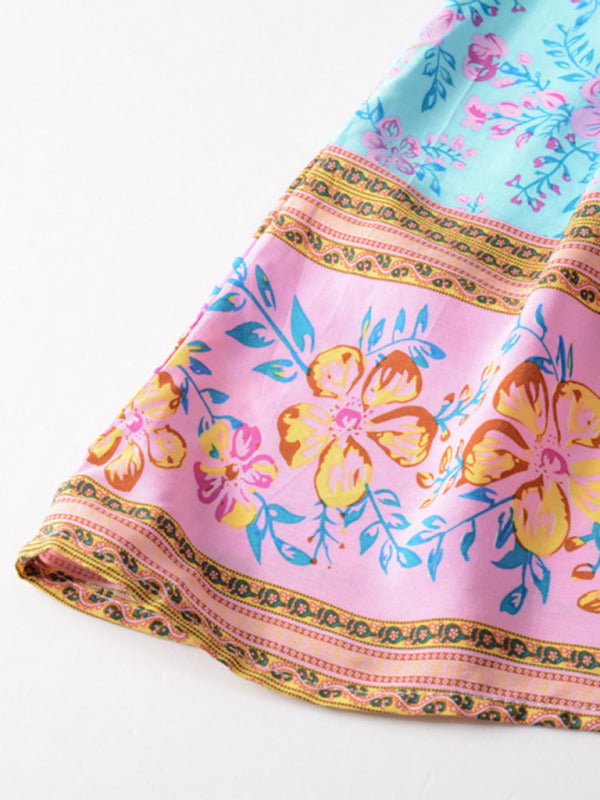 Blue Zone Planet | Lily's Bohemian Print Woven V-Neck Short Sleeve Dress BLUE ZONE PLANET