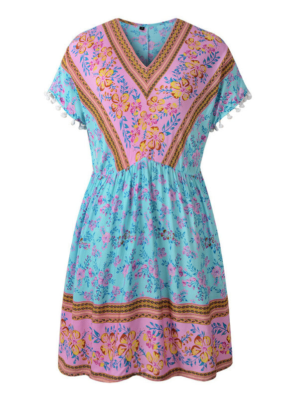 Blue Zone Planet | Lily's Bohemian Print Woven V-Neck Short Sleeve Dress BLUE ZONE PLANET
