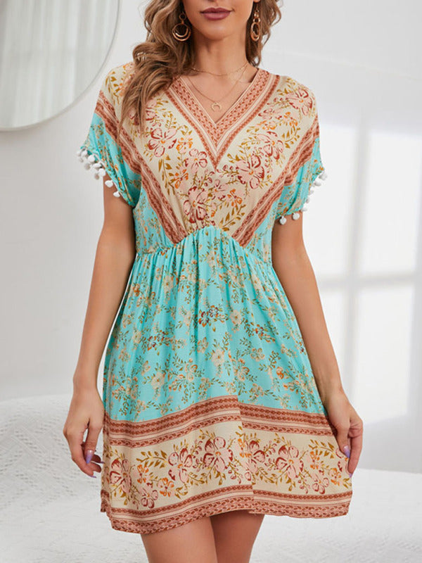 Blue Zone Planet | Lily's Bohemian Print Woven V-Neck Short Sleeve Dress BLUE ZONE PLANET
