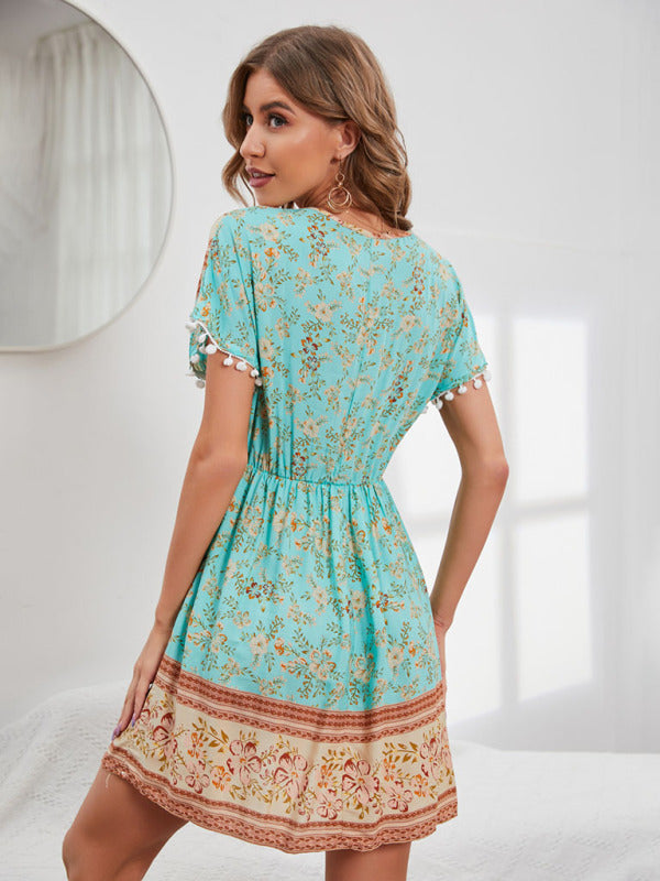 Blue Zone Planet | Lily's Bohemian Print Woven V-Neck Short Sleeve Dress BLUE ZONE PLANET