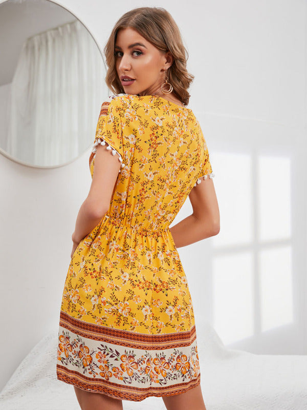 Blue Zone Planet | Lily's Bohemian Print Woven V-Neck Short Sleeve Dress BLUE ZONE PLANET