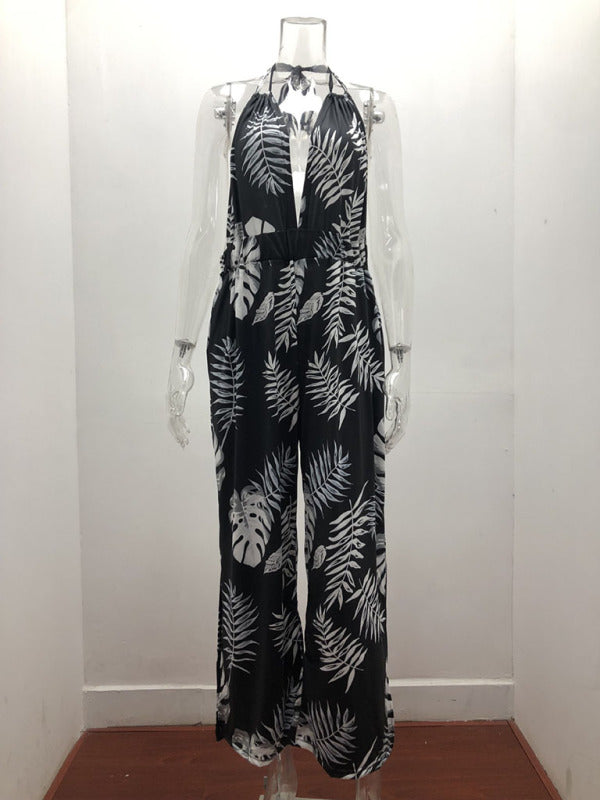 Irregular Printed Halter Neck Jumpsuit kakaclo