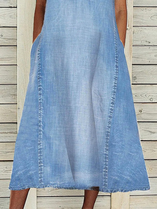 Zone Planet | solid color sleeveless V-neck loose denim dress - Blue / S by Blue Zone Planet Zone Planet | solid color sleeveless V-neck loose denim dress - Blue / S by Blue Zone Planet