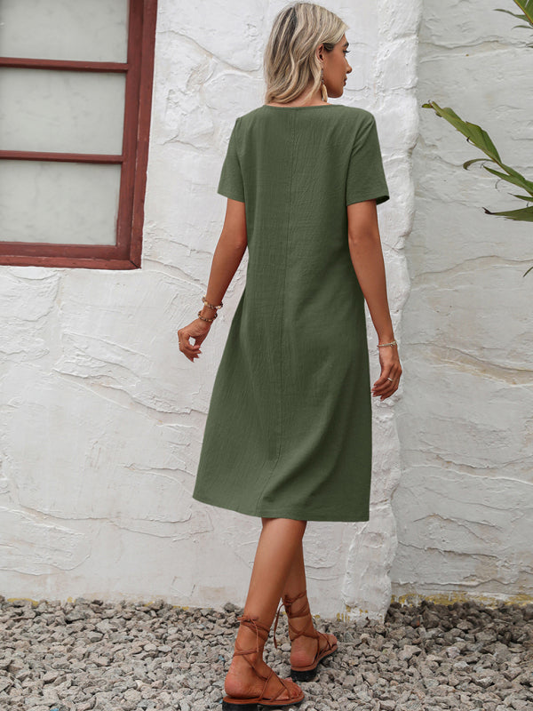 Cotton Linen Solid Color Loose Round Neck Short Sleeve Dress kakaclo