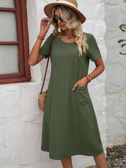 Cotton Linen Solid Color Loose Round Neck Short Sleeve Dress kakaclo