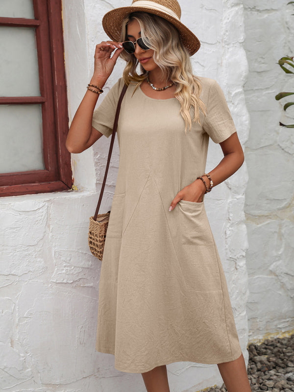 Cotton Linen Solid Color Loose Round Neck Short Sleeve Dress kakaclo
