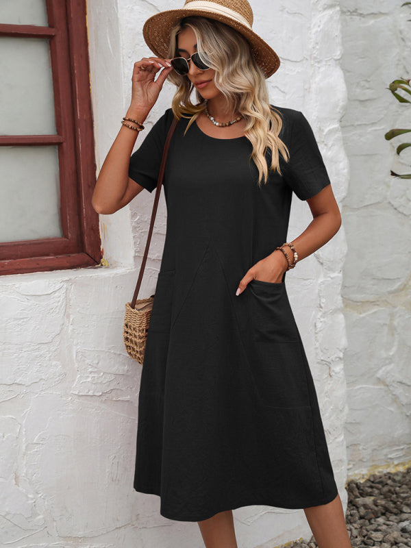 Blue Zone Planet |  Cotton Linen Solid Color Loose Round Neck Short Sleeve Dress kakaclo
