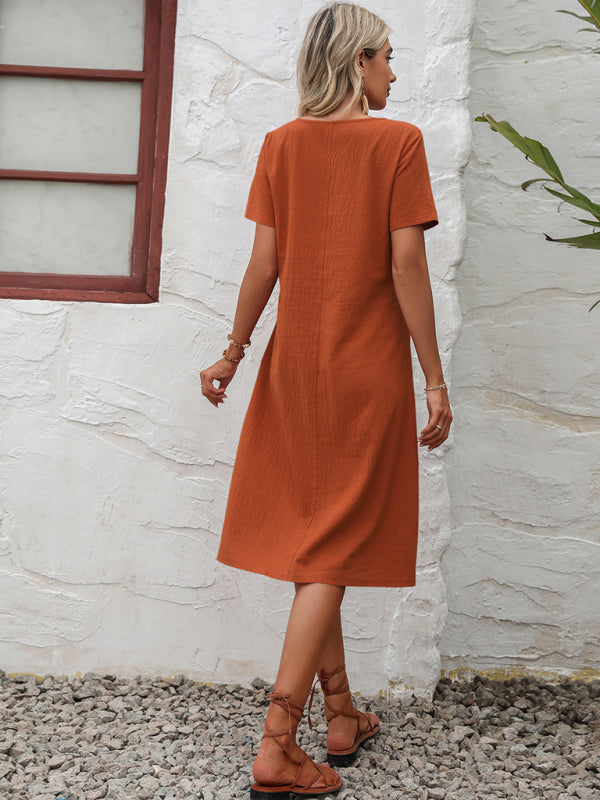 Cotton Linen Solid Color Loose Round Neck Short Sleeve Dress kakaclo