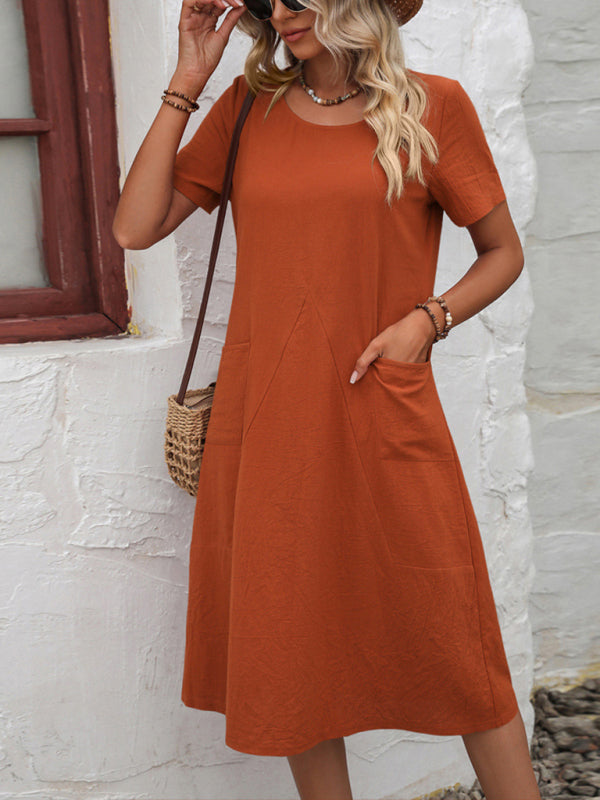 Cotton Linen Solid Color Loose Round Neck Short Sleeve Dress kakaclo