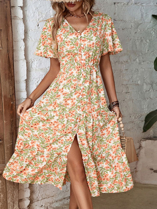 Fashion Casual Ladies Button Slit Floral Print Dress kakaclo