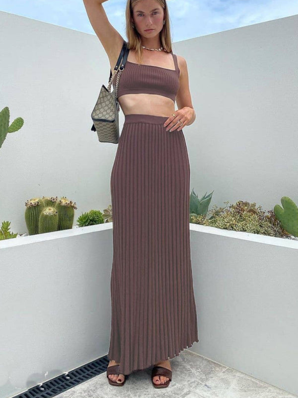 Blue Zone Planet |  Knitted Camisole + Skirt Elegant Sleeveless Short Top Pleated Skirt Set kakaclo