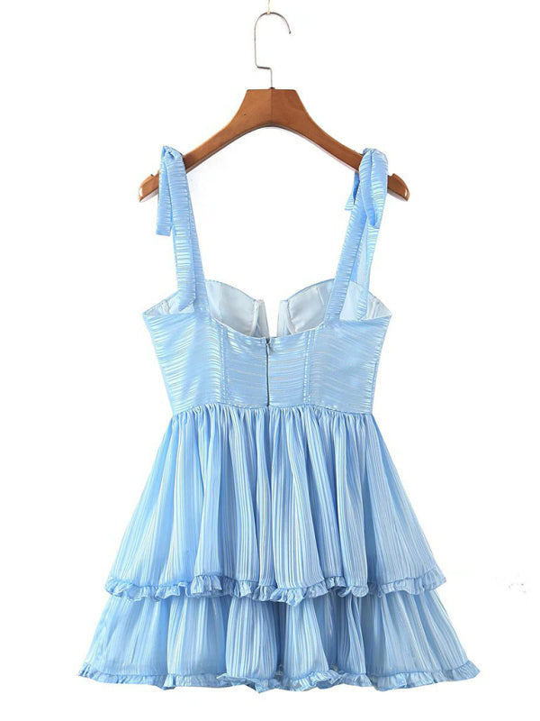 Blue Zone Planet |  Summer three-color three-layer colorful silk chiffon pleated dress with tie BLUE ZONE PLANET
