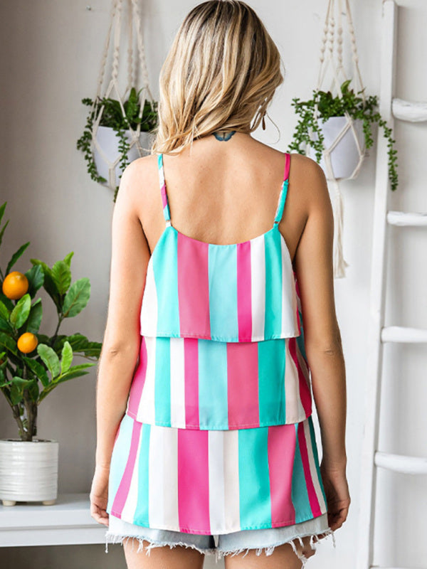 Striped print pleated layered camisole mini dress BLUE ZONE PLANET