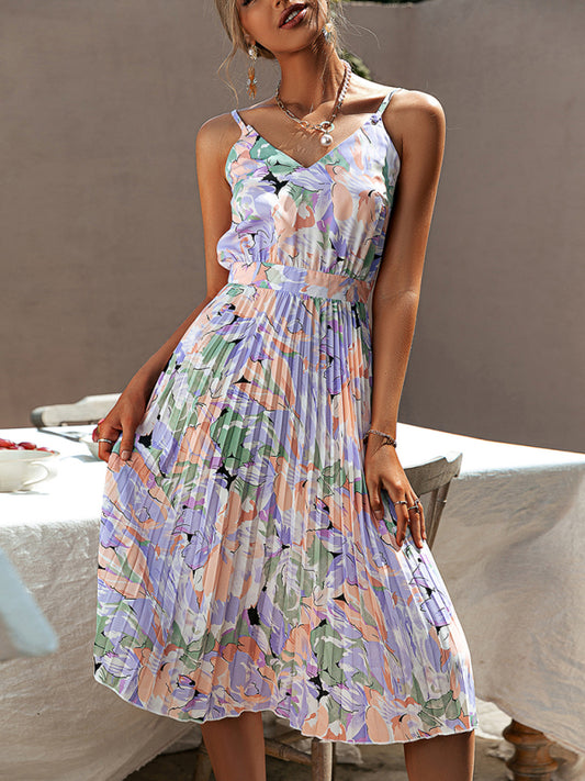 Blue Zone Planet | Floral Print Strap V-Neck Pleated Dress BLUE ZONE PLANET