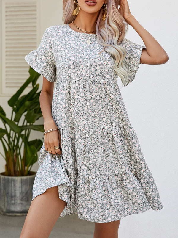 Woven Printed Round Neck Ruffle Sleeve Loose Dress kakaclo