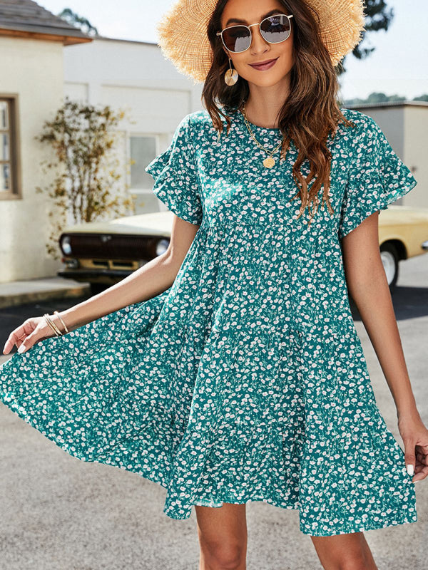 Woven Printed Round Neck Ruffle Sleeve Loose Dress kakaclo
