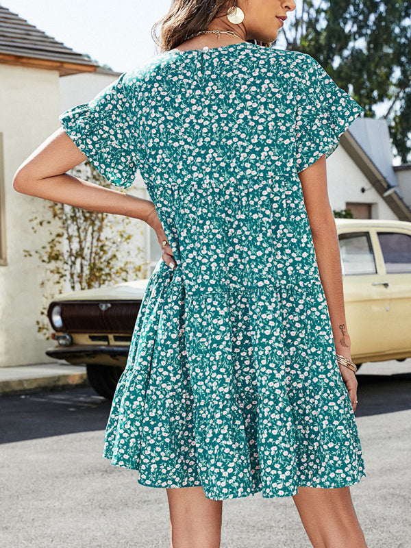 Woven Printed Round Neck Ruffle Sleeve Loose Dress kakaclo