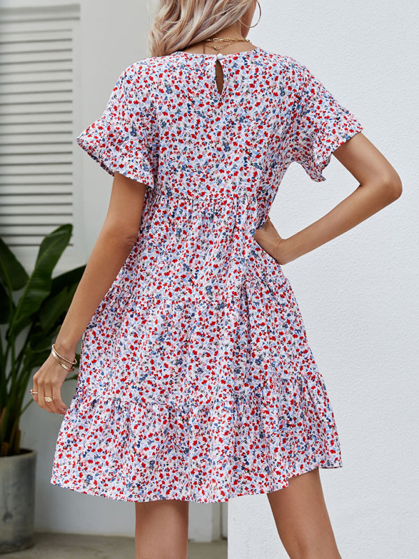 Woven Printed Round Neck Ruffle Sleeve Loose Dress kakaclo