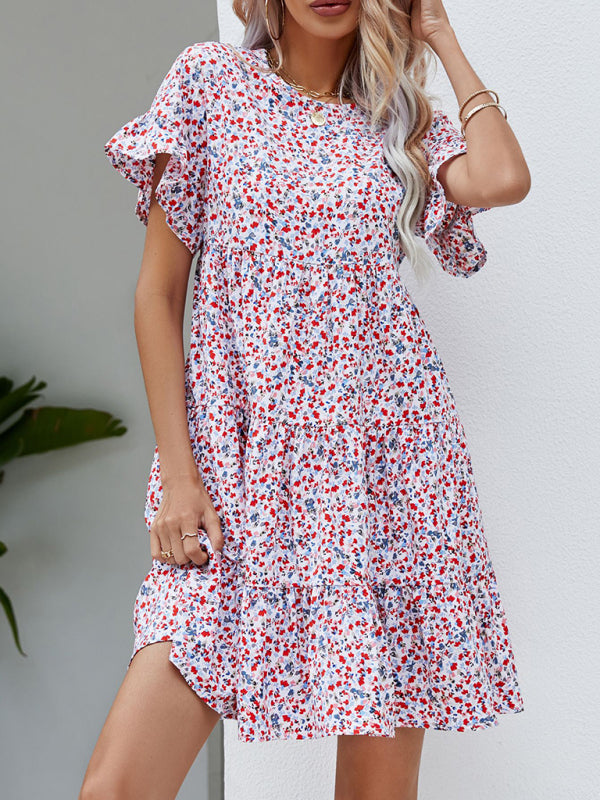 Woven Printed Round Neck Ruffle Sleeve Loose Dress kakaclo