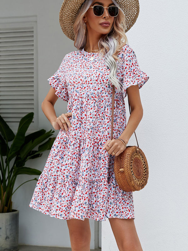 Woven Printed Round Neck Ruffle Sleeve Loose Dress kakaclo