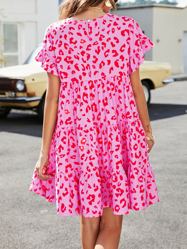 Woven Printed Round Neck Ruffle Sleeve Loose Dress kakaclo