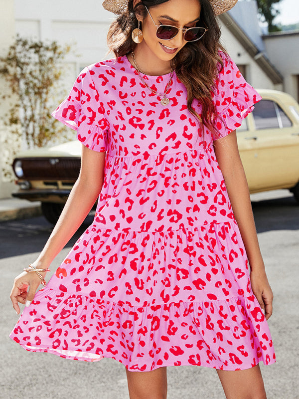 Woven Printed Round Neck Ruffle Sleeve Loose Dress kakaclo