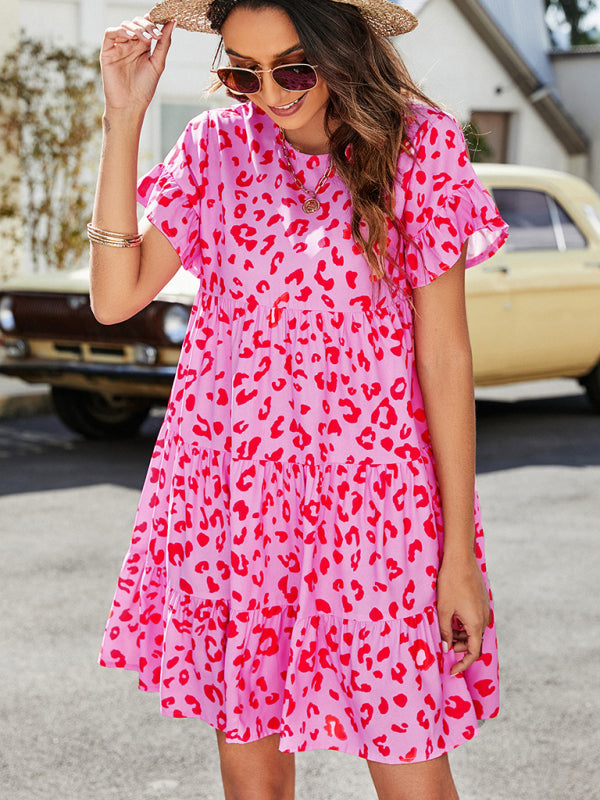 Woven Printed Round Neck Ruffle Sleeve Loose Dress kakaclo