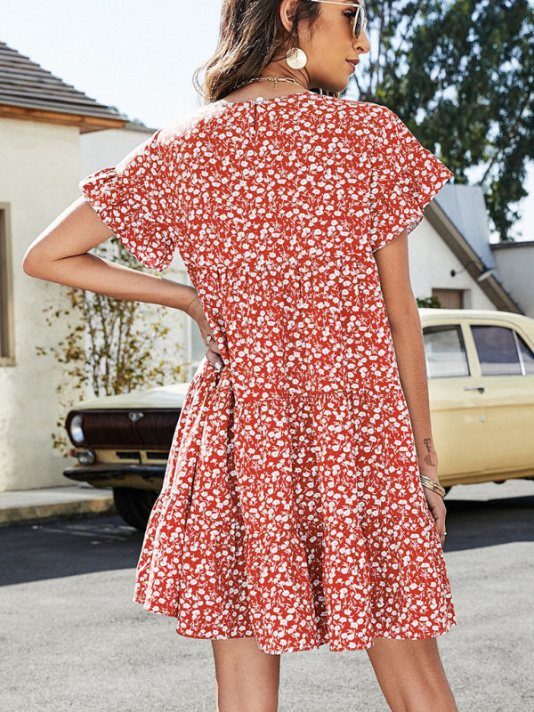 Woven Printed Round Neck Ruffle Sleeve Loose Dress kakaclo