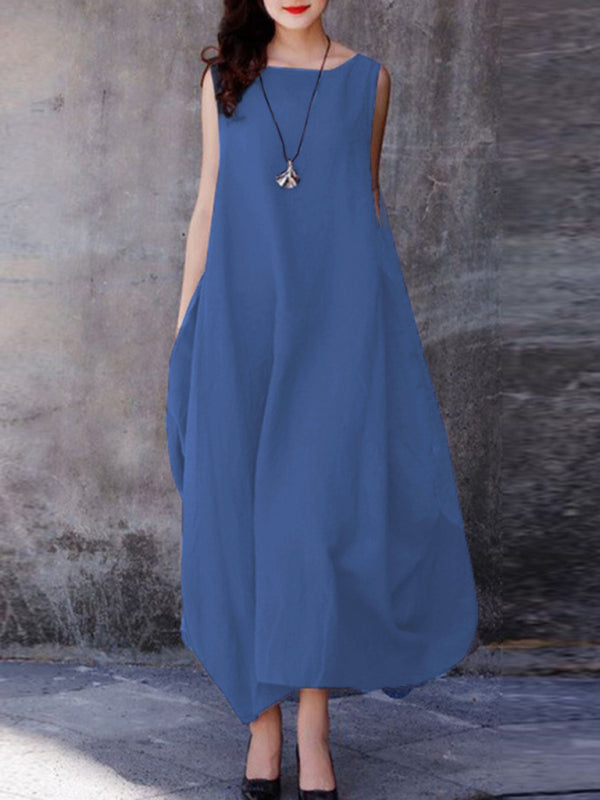 Blue Zone Planet |  Loose Swing Solid Color Round Neck Pockets dress BLUE ZONE PLANET