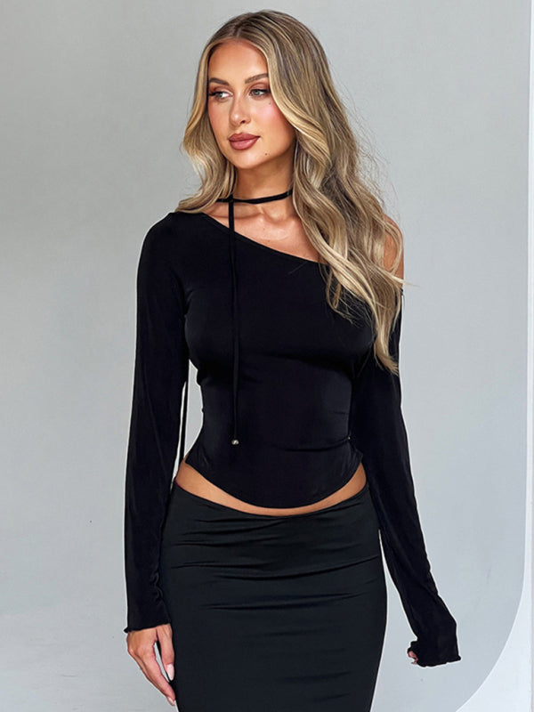 Blue Zone Planet |  Slanted shoulder waist slit long sleeve slim hot girl T-shirt BLUE ZONE PLANET