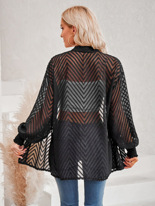 Blue Zone Planet |  solid color loose jacquard cardigan top BLUE ZONE PLANET