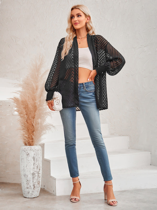 Blue Zone Planet |  solid color loose jacquard cardigan top BLUE ZONE PLANET