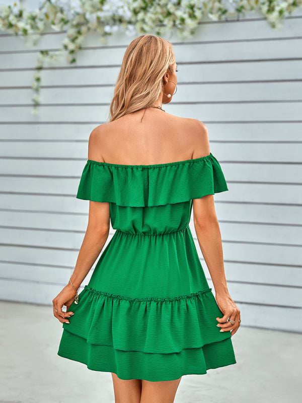 Spring and summer strapless ruffled solid color dress kakaclo