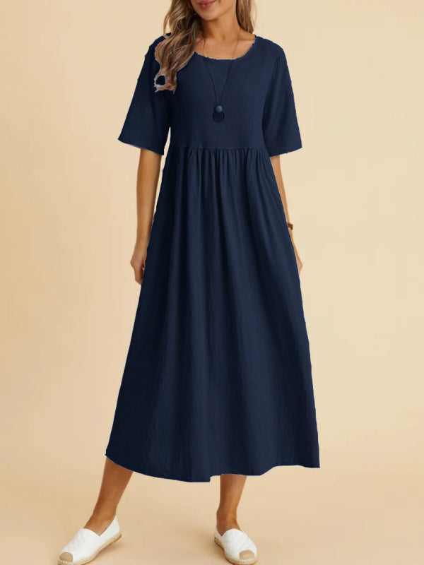 Blue Zone Planet |  Loose Round Neck Half Sleeve Midi Dress BLUE ZONE PLANET