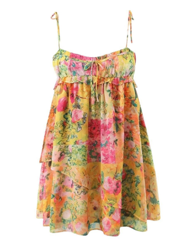 Lace-up French niche color-block floral sling dress with wooden ears kakaclo